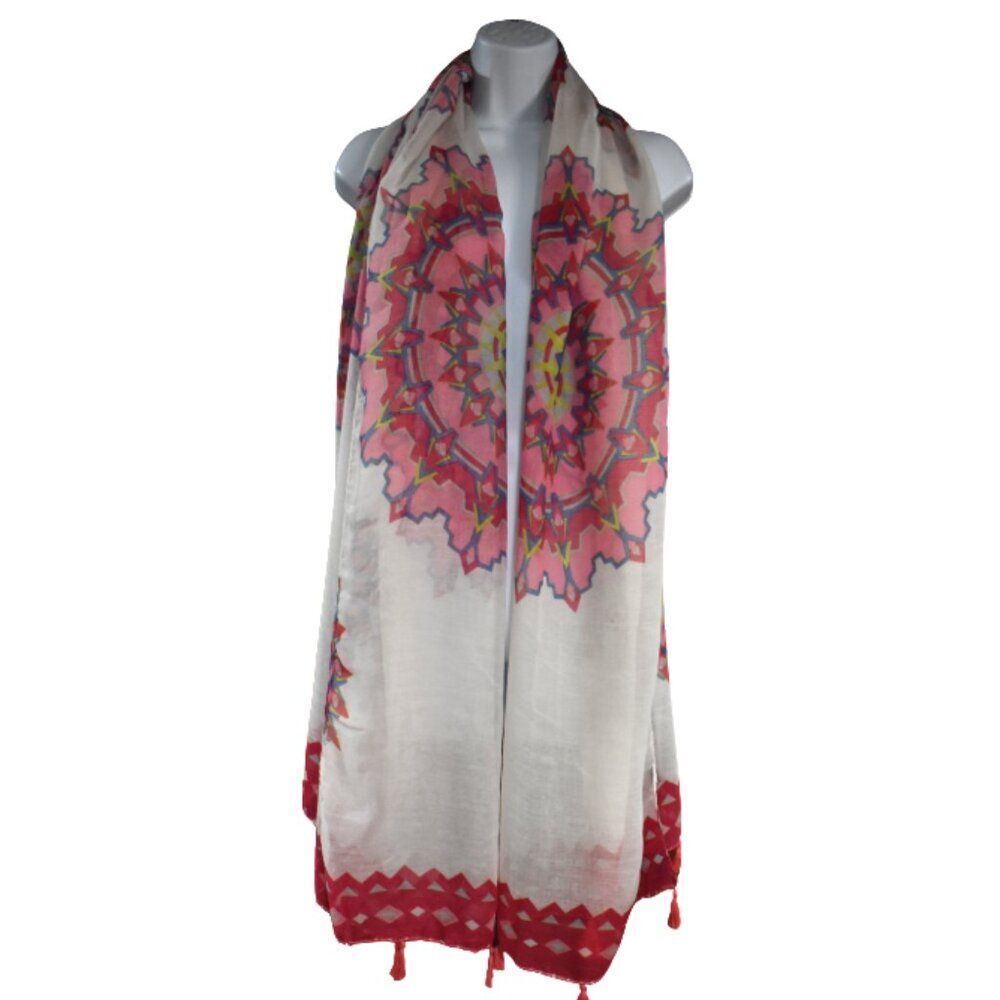 Boho Floral Tassel Scarf Shawl Red Pink White Sheer Lightweight Gypsy Chic